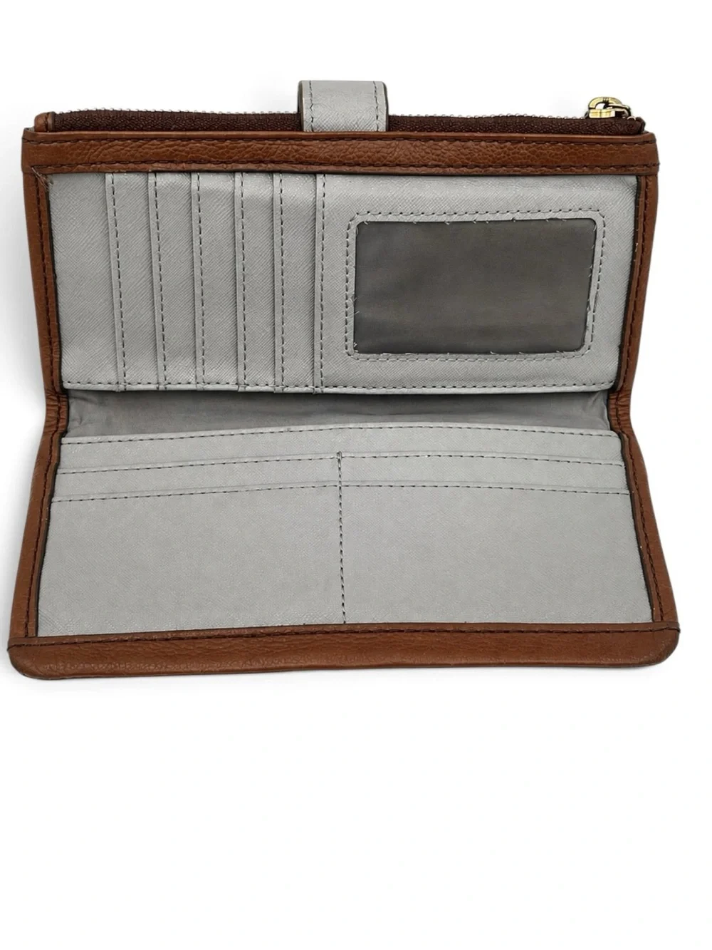 Fossil Lainie SWL2060210 Cognac Brown Leather Bifold Clutch Wallet Zip Tab Snap